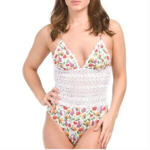 Charo Ruiz Ibiza Rola Crochet Floral One Piece Swimsuit White Bonita NWT Sz M